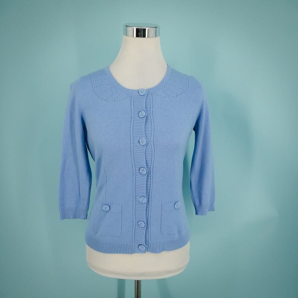 Moth Anthropologie Size XS Blue Button Front Down Crew Neck 3/4 Sleeve Cardigan